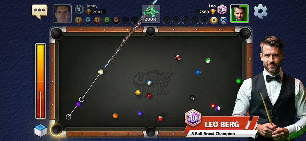 8 Ball Brawl: Pool & Billiards - Competitive 1v1 pool match in 8 Ball Brawl showing shot aiming trajectory and player profiles