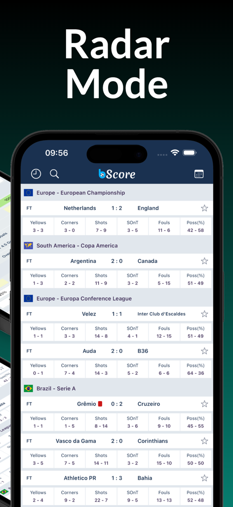 Smartphone screen displaying bScore app with live soccer scores and detailed match statistics like corners and possession in Radar Mode