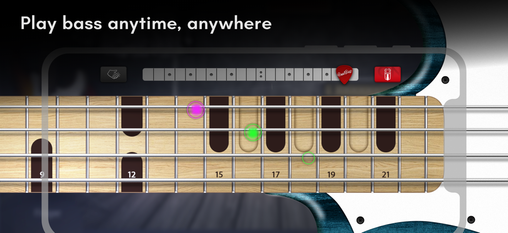 Real Bass electric bass guitar - A close up view of a virtual bass guitar fretboard on a mobile app with colored note markers