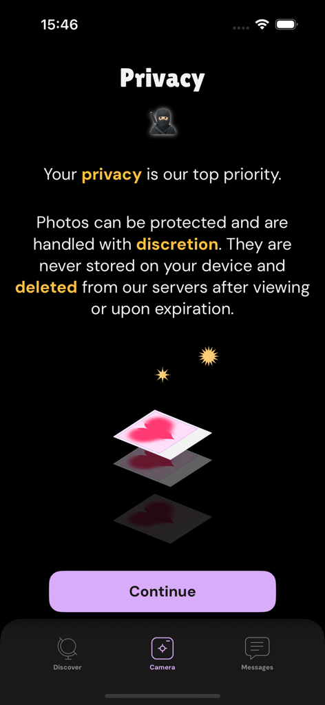 Tela de visão geral de privacidade do aplicativo Plume explicando que as fotos são protegidas e excluídas dos servidores após a visualização.