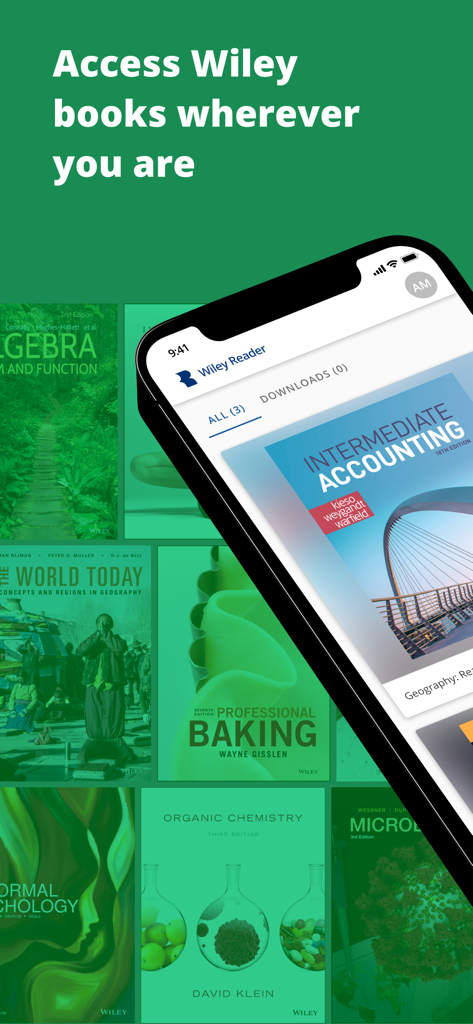 A smartphone displaying the Wiley Reader app interface with various academic textbook covers like Intermediate Accounting and Organic Chemistry.