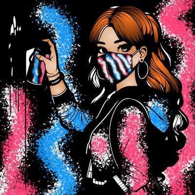 realistic girl with mask spray painting a wall