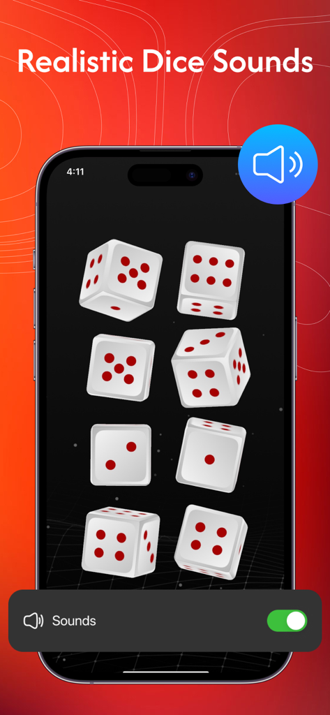 Dice Roller - Roll the Dice - A smartphone showing multiple white dice with red dots on a dark screen with a toggle switch for realistic dice sounds.