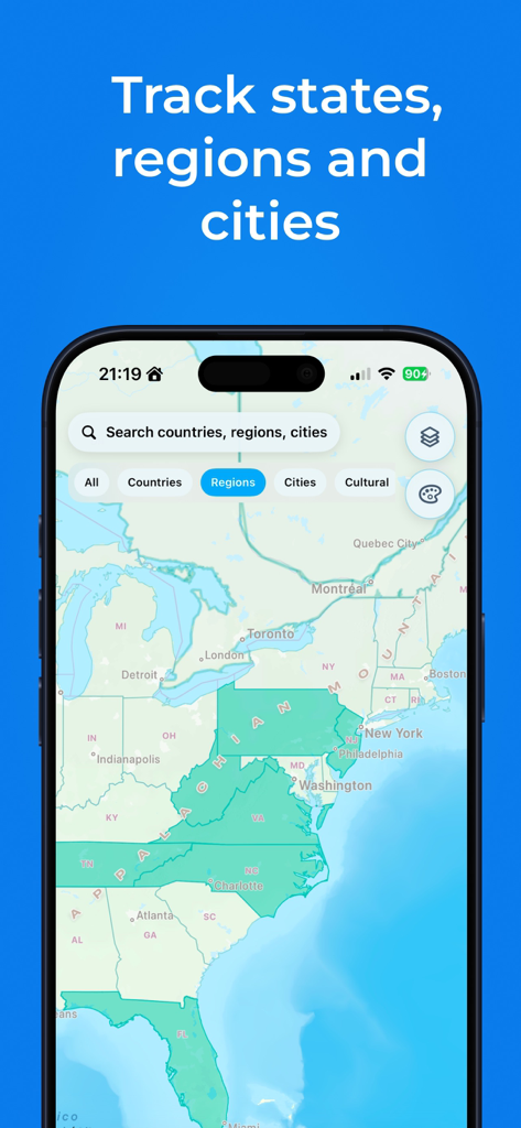 Been Atlas - Travel Map - Eine mobile Oberfläche der Been Atlas App, die eine Karte der US-Ostküste mit verfolgten Bundesstaaten und Regionen in Grün zeigt