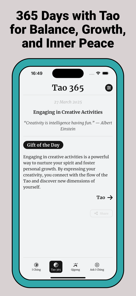 I Ching - Una captura de pantalla de la pantalla de reflexión diaria Tao 365 en la aplicación I Ching que presenta una cita de Albert Einstein sobre la creatividad y la sección Regalo del Día.