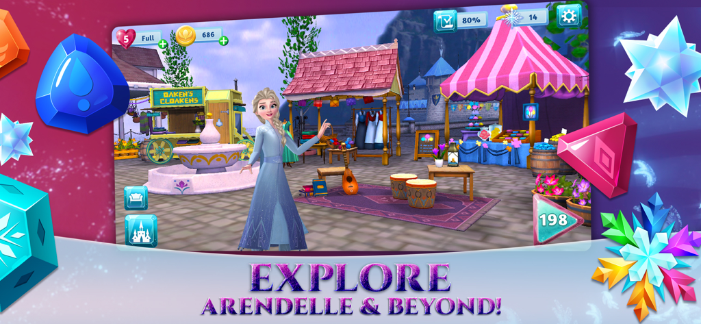 Elsa standing in an Arendelle market scene from the Disney Frozen Adventures mobile game.
