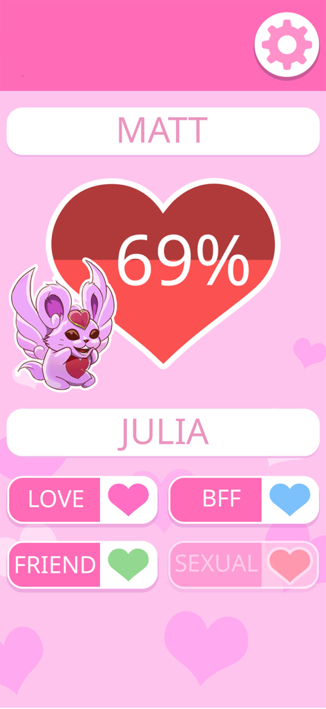 LOVE TEST - match calculator - Interfaz de prueba de compatibilidad de amor que muestra una coincidencia del 69 por ciento para los nombres Matt y Julia