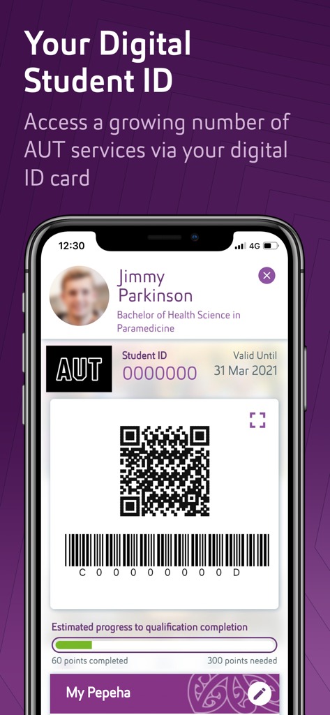 AUT - AUT mobile app screenshot displaying a digital student ID card with a QR code and progress bar for qualification completion