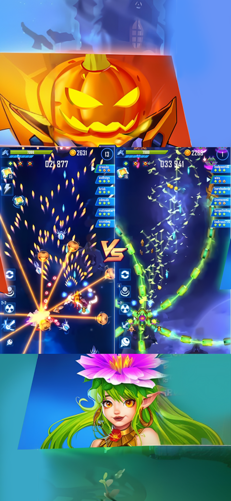Wind Wings: Space Shooter - Pantalla dividida de juego competitivo de Wind Wings Space Shooter mostrando diferentes temas de personajes y batallas contra jefes