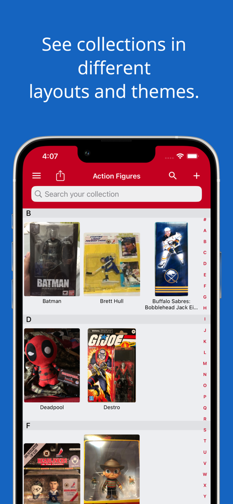 iCollect Action Figures: Toys - Mobile app interface showing a visual grid layout of an action figure collection with images of Batman, Deadpool, and G.I. Joe figures.