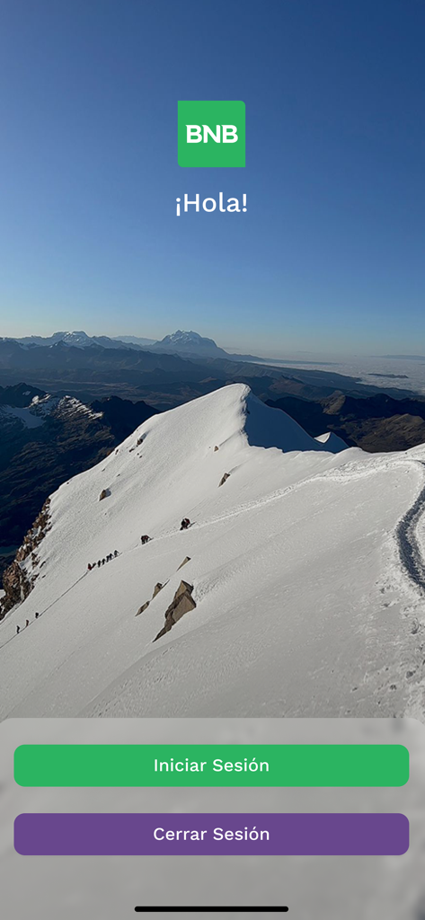 BNB Movil Anmeldebildschirm mit einem Hintergrund der bolivianischen Anden