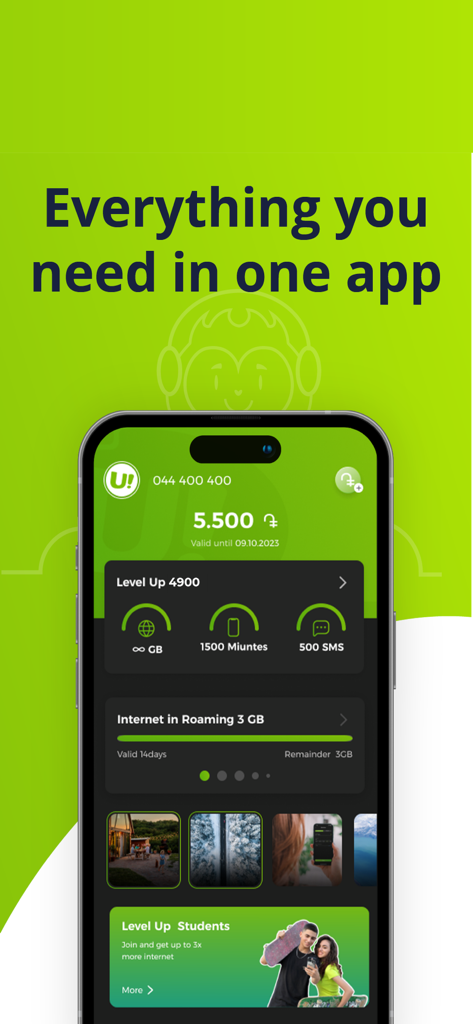 Ucom mobile app dashboard displaying account balance and roaming data status on an iPhone screen