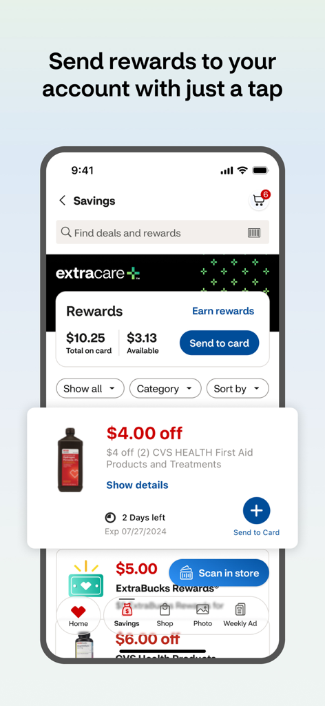 CVS Health app Savings screen showing ExtraCare rewards and digital coupons