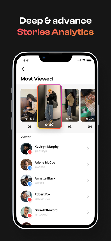 Followers+ Track for IG - Mobile app interface for Instagram stories analytics showing most viewed stories and a list of specific profile viewers