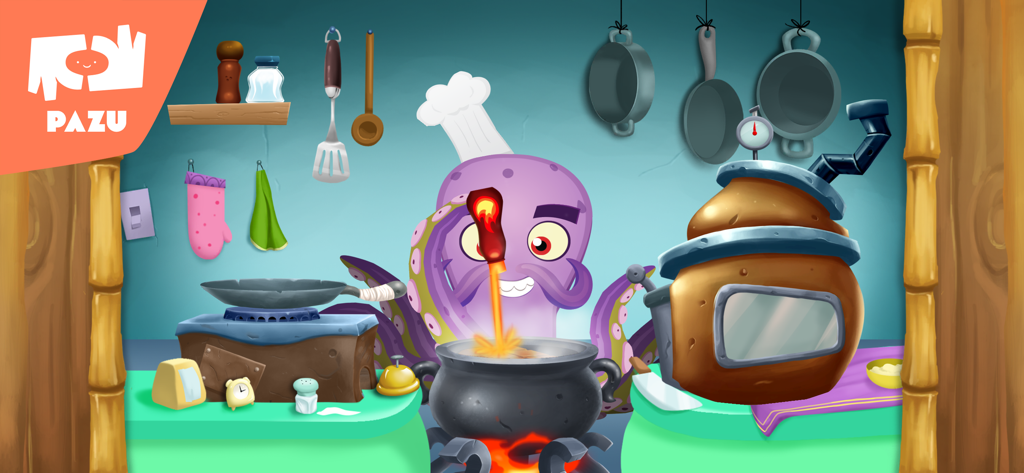 Purple octopus chef cooking food in a monster kitchen