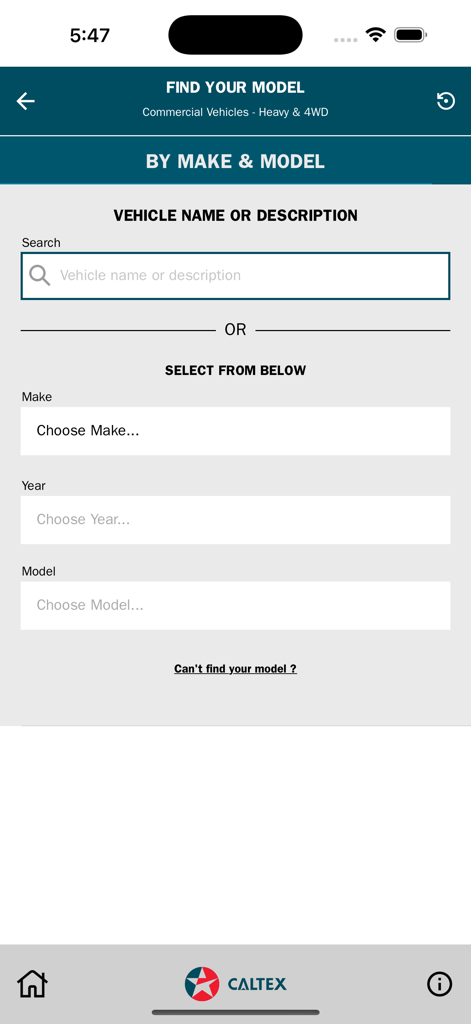 NetLube Caltex New Zealand - NetLube Caltex app screen for finding vehicle models by make year and description