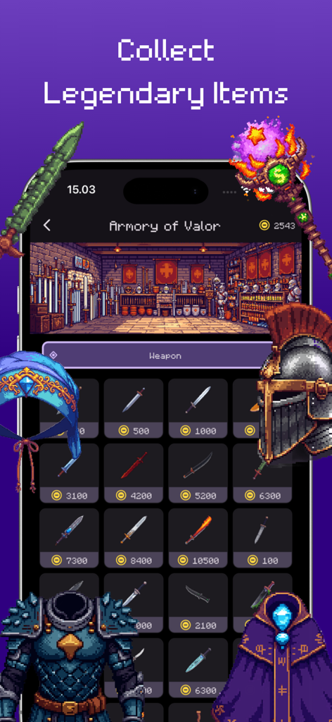 RPGFitness: Workout Tracker - A mobile screen showing the Armory of Valor in the RPGFitness app where users can collect legendary pixel art weapons and gear.