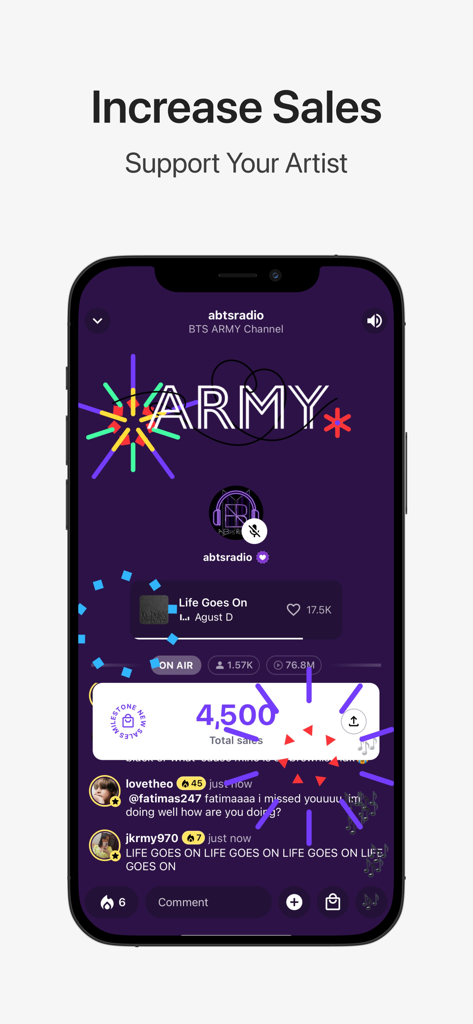 Stationhead app interface showing a music fan community supporting an artist to increase sales during a live broadcast.