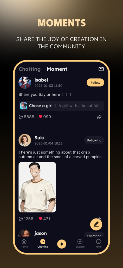 사용자가 AI 캐릭터 스토리 및 제작물을 공유하는 Saylo의 Moments 커뮤니티 피드