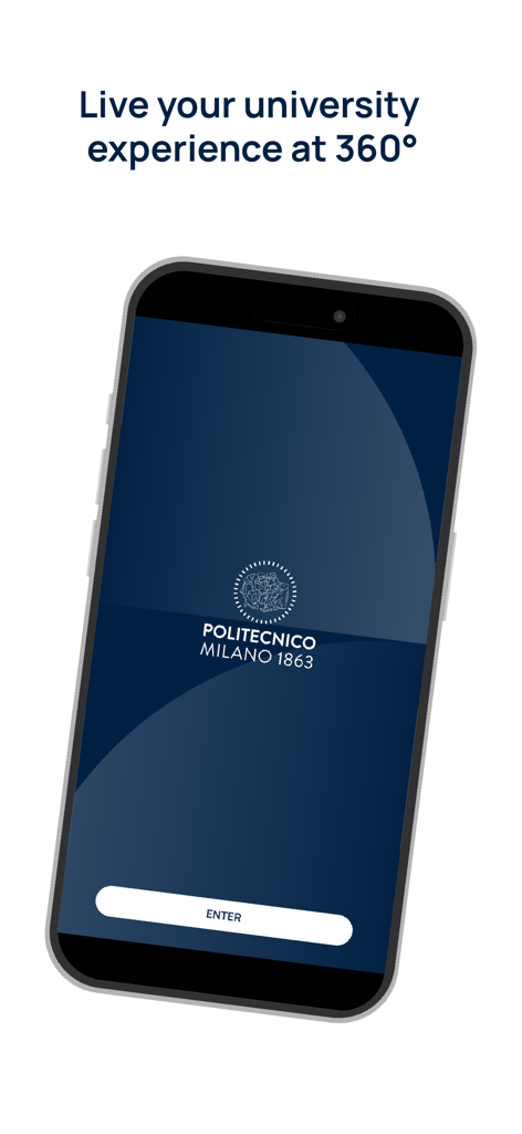 Polimi App - Splash screen of the Polimi App featuring the Politecnico di Milano university logo and an enter button.