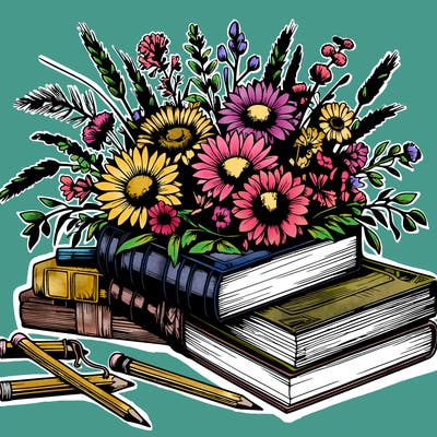rustic books and wildflowers realistic