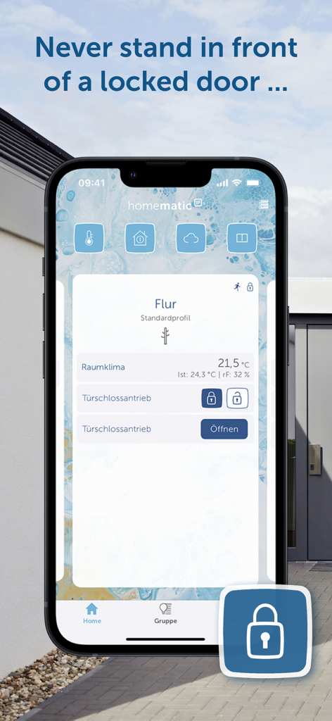 Homematic IP - Homematic IP app interface displaying smart door lock controls and room climate data.
