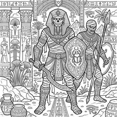 Step into the captivating world of ancient Egypt with this intricate coloring page for adults, showcasing formidable warrior mummies. Perfect for a relaxing and engaging artistic challenge, this design brings history to life.