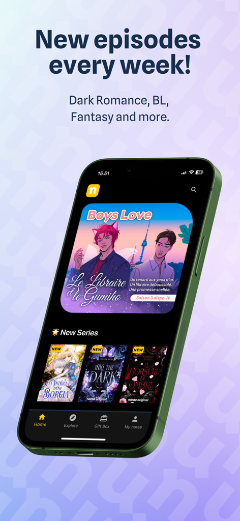 Narae - Web novels & Romance - L'interfaccia dell'app mobile Narae che mostra copertine di vari romanzi web d'amore e un banner per i nuovi episodi settimanali.