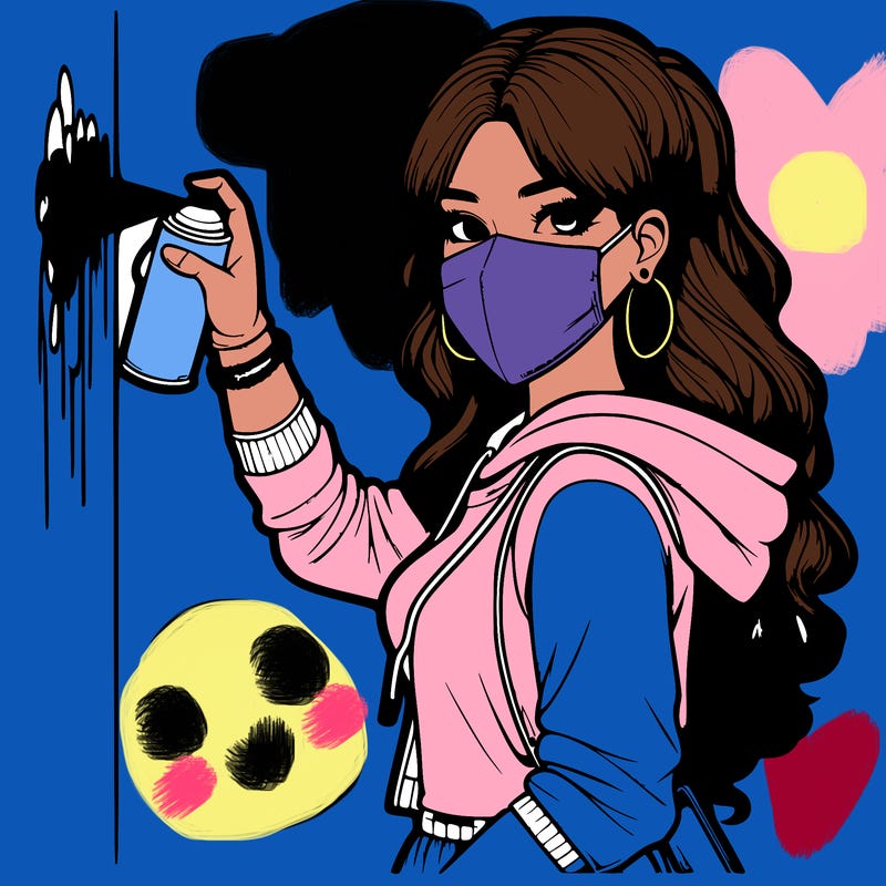 realistic girl with mask spray painting a wall