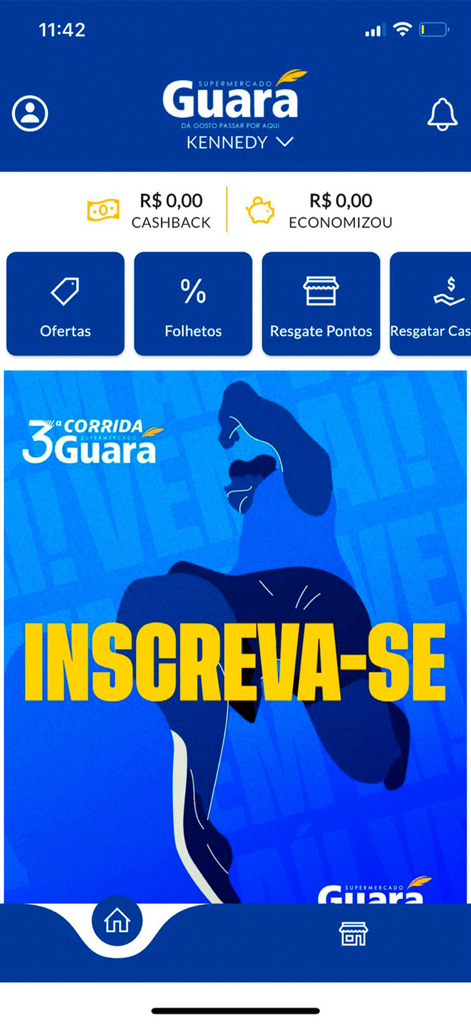 Supermercado Guará - Supermercado Guara app dashboard showing cashback balance and promotional race banner