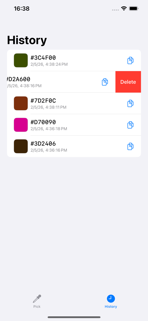 Dev Color Picker 앱의 기록 화면으로 타임스탬프 및 복사 버튼이 있는 저장된 HEX 색상 코드 목록을 표시함.