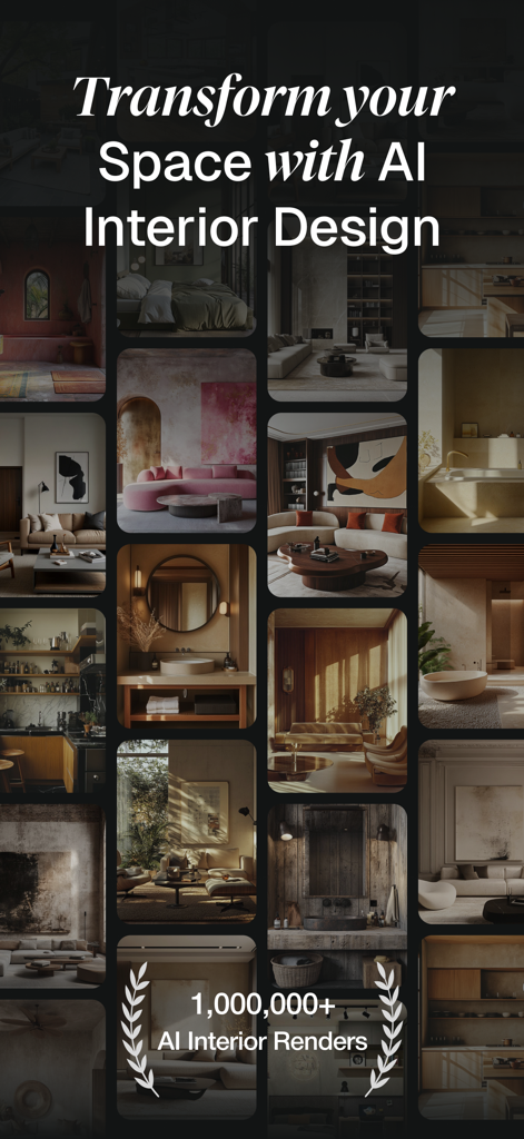 A collage showing various interior design styles and rooms created with Archi AI including the text Transform your Space with AI Interior Design