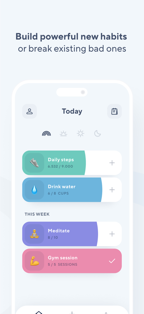 Do Habits: Get It Done - Dashboard of Do Habits app showing daily progress for steps water intake and meditation goals