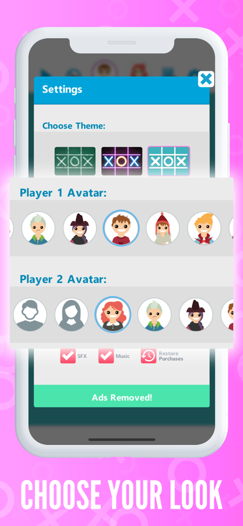 Tic Tac Toe OXO - 2 Player - Screenshot of the settings menu in Tic Tac Toe OXO showing options to choose game themes and player avatars