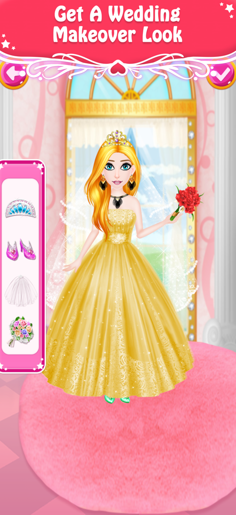 A princess character in a sparkly gold wedding gown holding red roses in a mobile makeover game.