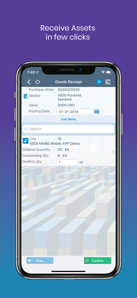 mAssetTag app interface showing a goods receipt screen for tracking assets and confirming inventory quantities.