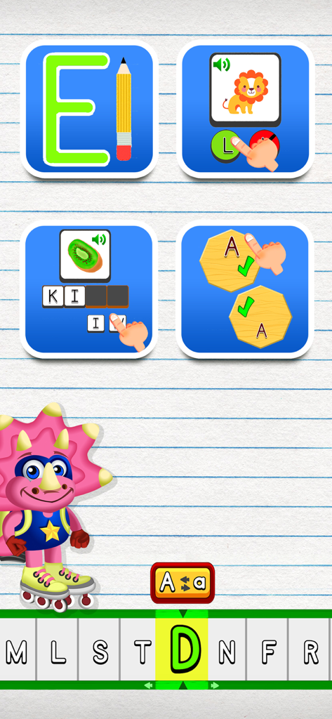 ABC Dinos Premium: Reading - Jogos educativos para crianças mostrando atividades de traçado de letras e formação de palavras no aplicativo ABC Dinos