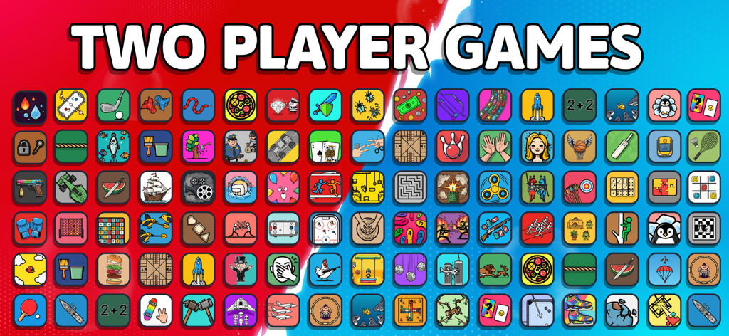 Two Player Games - Red Vs Blue - A grid of various colorful mini game icons for two players split into red and blue competition sides