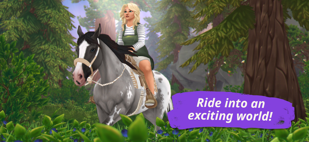 A girl riding a black and white horse through a lush green forest in Star Stable Online