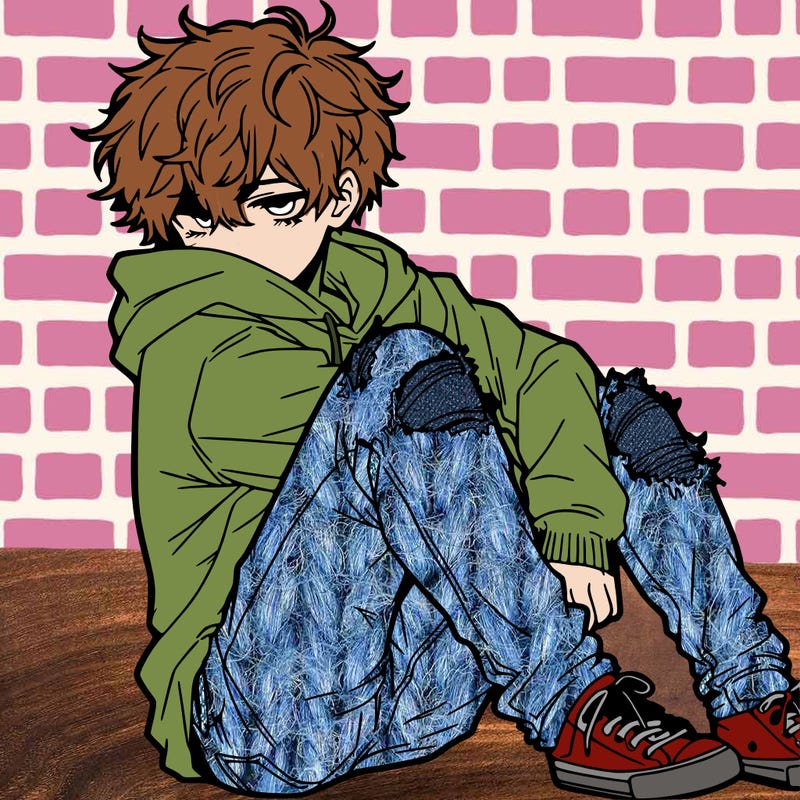 a male hoddie ripped jeans messy hair anime