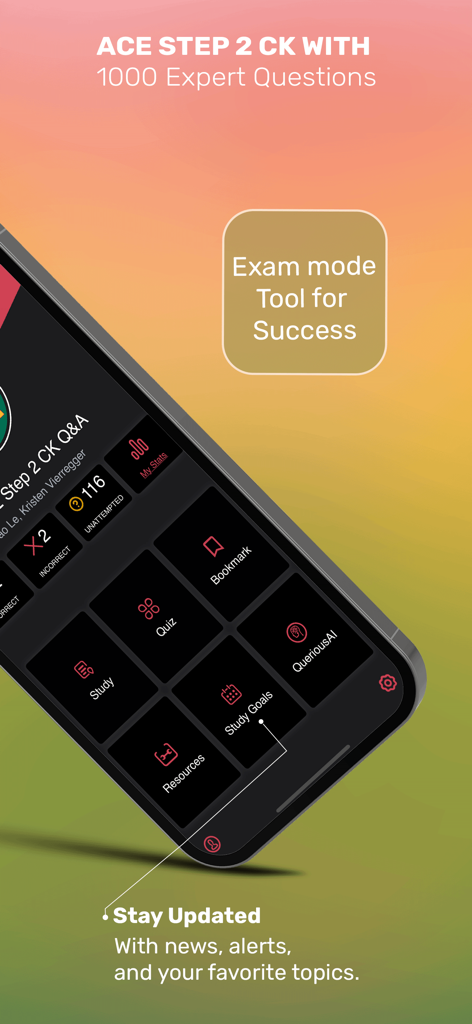 First Aid Q&A USMLE Step 2 CK - Interfaz de la aplicación móvil Primeros Auxilios USMLE Paso 2 CK con modo examen y objetivos de estudio