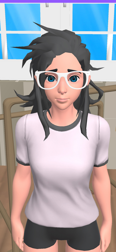 Fashion Merge Game: Super Life - Avatar femenino con cabello desordenado y gafas blancas antes de una transformación de moda