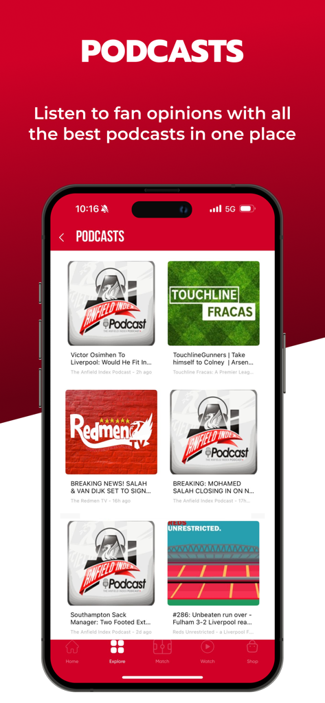 The Kop - Live Scores & News - The podcast screen of The Kop app showing a variety of Liverpool FC fan podcasts and audio content