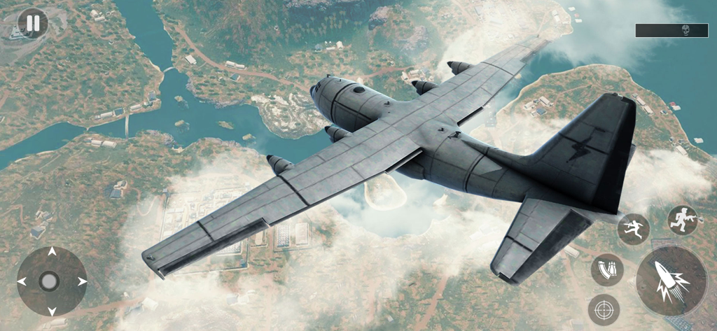 Fire Battleground Fps Survival - Un avión de carga militar volando sobre un paisaje de isla tropical en un juego de battle royale