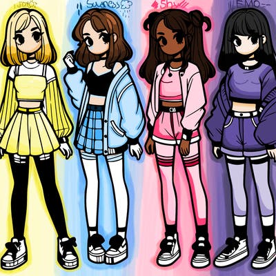 one girl with crop-top shirt and a jacket with a skirt, long socks and another girl with a shirt and pants with a jacket