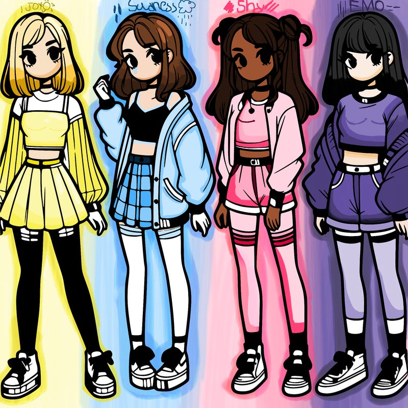 one girl with crop-top shirt and a jacket with a skirt, long socks and another girl with a shirt and pants with a jacket