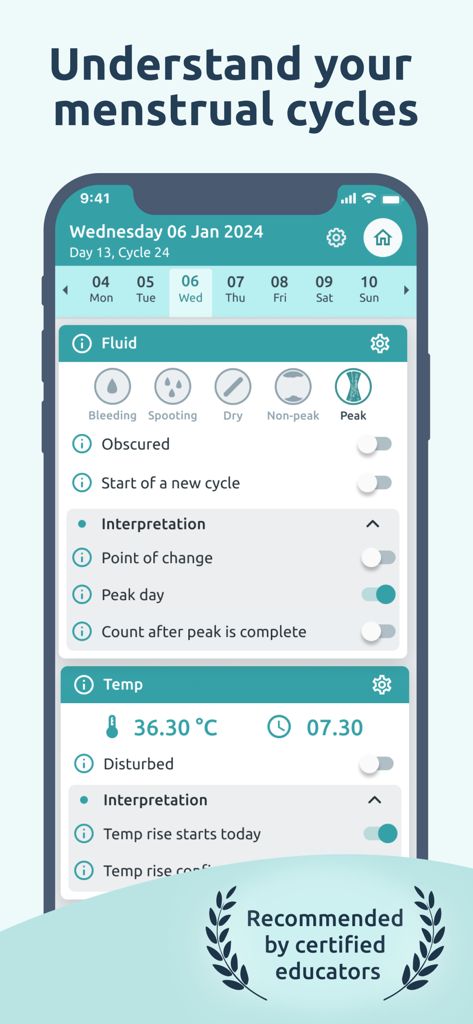 A mobile interface of the Read Your Body app showing detailed tracking options for cervical fluid and basal body temperature