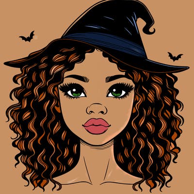 realistic black girl with wavy hair and witch hat and nose and lips
