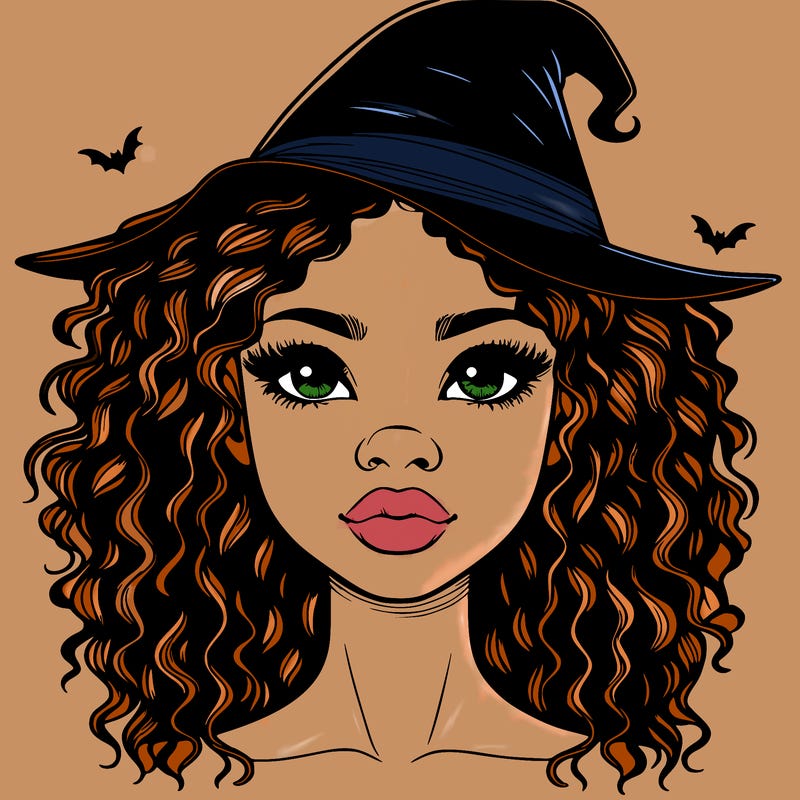 realistic black girl with wavy hair and witch hat and nose and lips