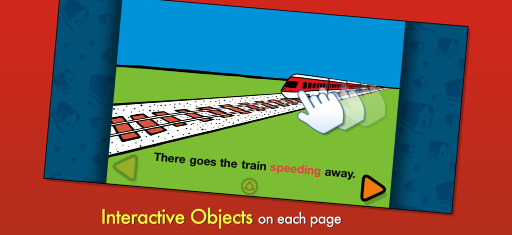 An interactive page from the Byron Barton Collection app showing a train with highlighted text and a hand icon for interaction.